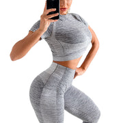 side Womens Gym Sportwear Set Short Sleeve Yoga Shirt Fitness Leggings