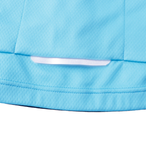 details cycling suit in light blue colour . Under back large pockets,there is one 0.8cm X 10cm reflective tape,for greater visibility on night for safety