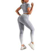 back Womens Gym Sportwear Set Short Sleeve Yoga Shirt Fitness Leggings