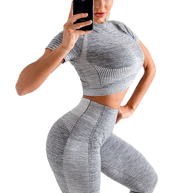 side Womens Gym Sportwear Set Short Sleeve Yoga Shirt Fitness Leggings