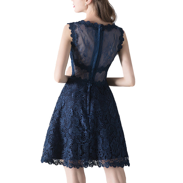 Womens Lace Mini Dress Round Neck Sleeveless Party Bodycon size S M L XL Dark blue