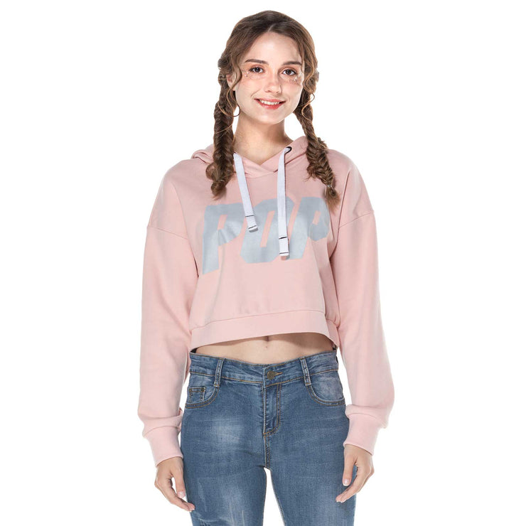 Women's Reflective Print Crop Hoodie Sweatshirt S M L XL Pink Black