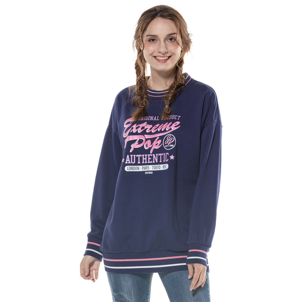 Oversize Womens Cotton French Terry Stretch Round Neck Sweatshirt Ladies Jumper Sweater S M L XL Pink Black Navy