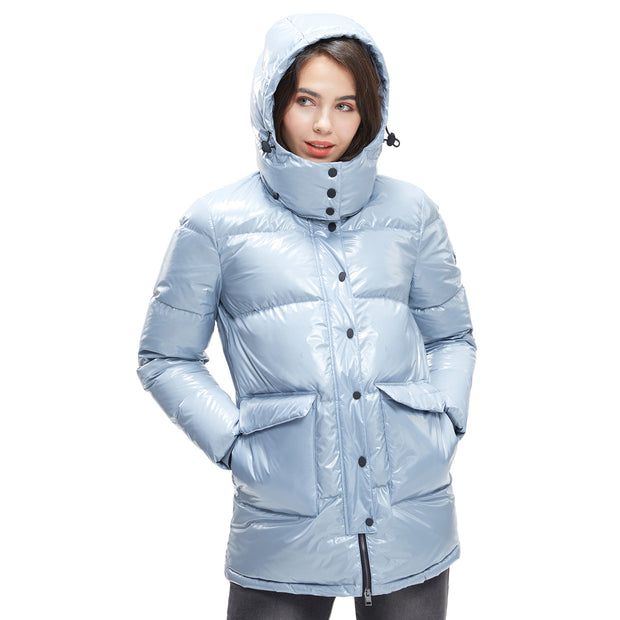 Womens Goose Down Jacket Glossy Parka Hooded Winter Windbreaker