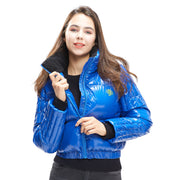 front side - Women wearing a down jacket in sapphire colour