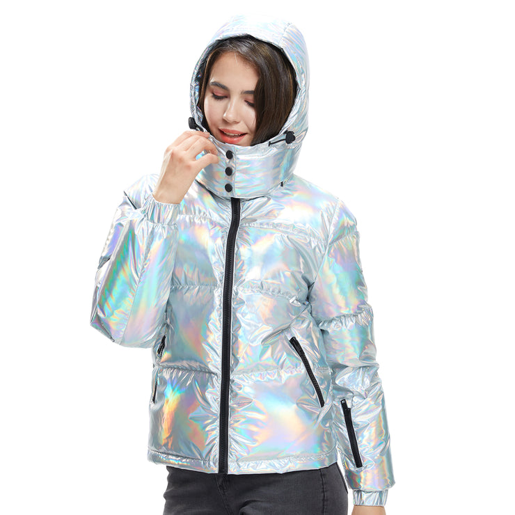 Women Winter Jacket in pure Goose Down colour Silver Puffer shiny hooded jacket