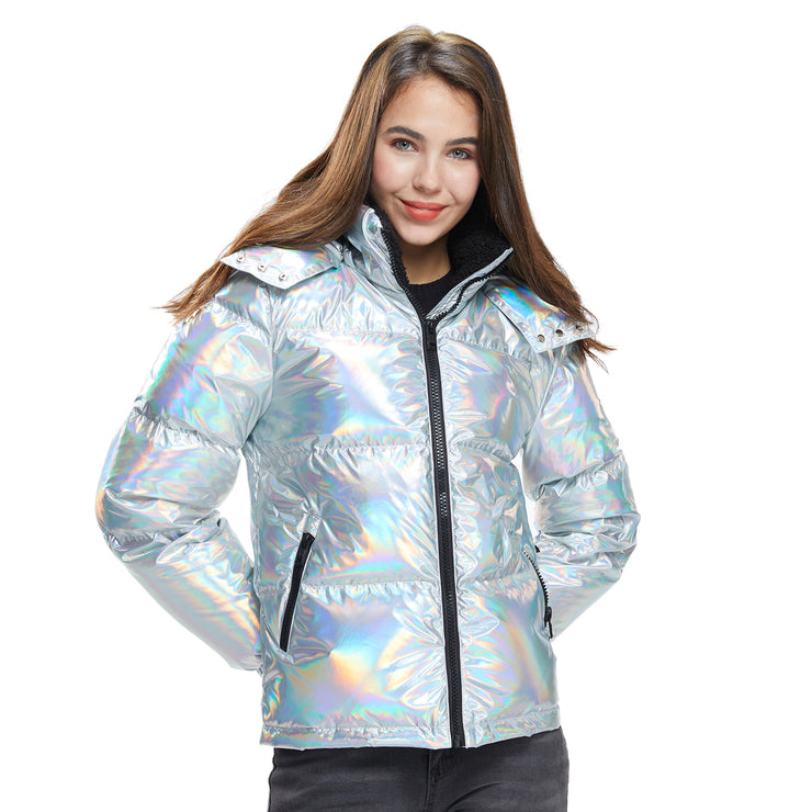 Women Winter Jacket in pure Goose Down colour Silver Puffer shiny hooded jacket