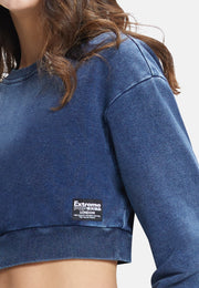 Women Crew Neck Denim Terry Sweatshirt Pullover Graphic Print