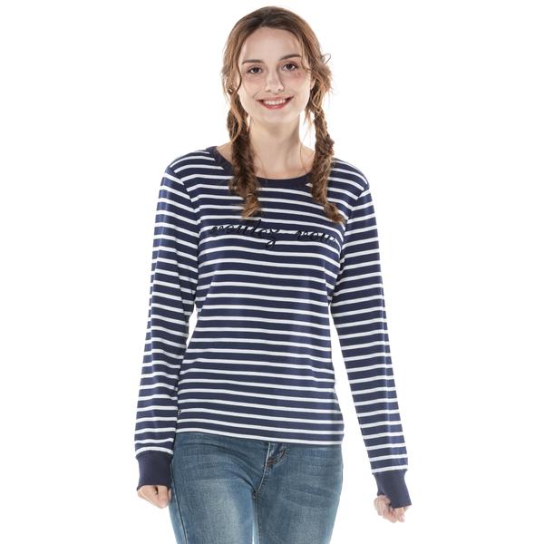 Women's Stripe Round Neck Sweatshirt S M L XL Pink Navy Grey
